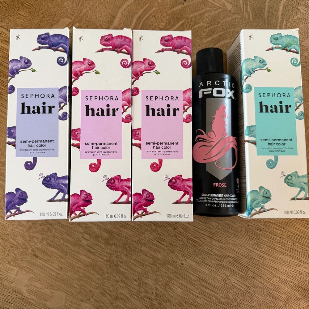 Pink, purple, and teal semi permanant hair dyes